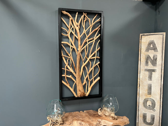 Huge 120cm Tall Teak Root Wood Rustic Wall Art in Black Frame