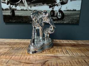 Large Silver Mother & Baby Elephant Statue