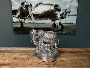 Large Silver Mother & Baby Elephant Statue