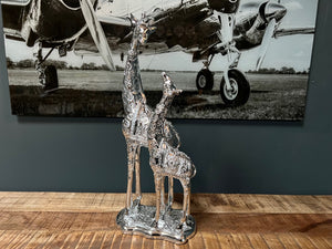 Large Silver Mother & Baby Giraffe Statue