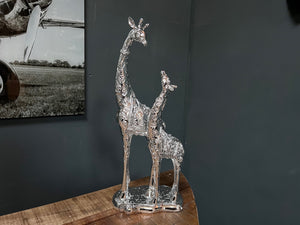 Large Silver Mother & Baby Giraffe Statue