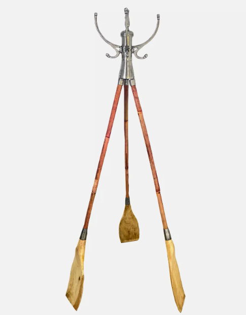 Large Heavy Nickel Coat Stand on Wooden Oar Base