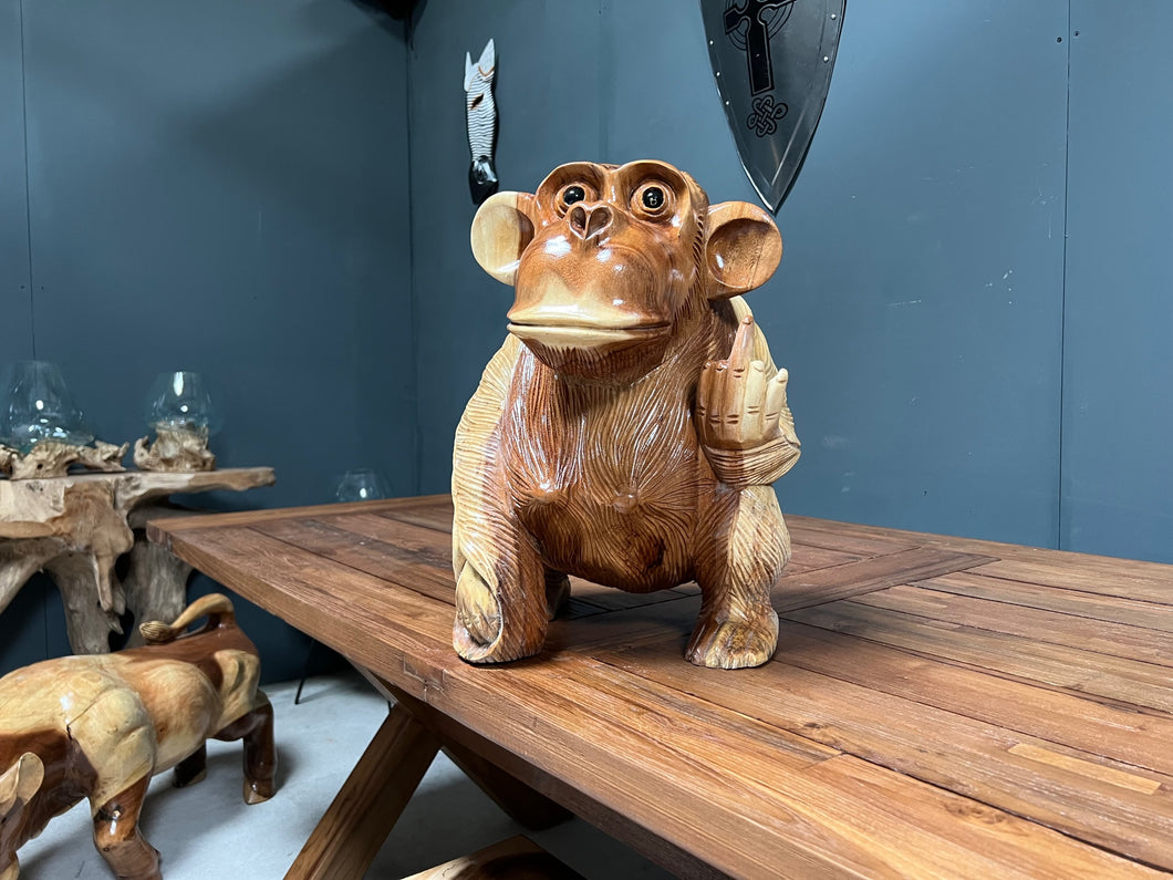 Hand Carved Polished Wood 'Up Yours' Monkey Statue