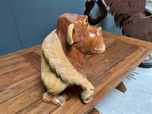 Hand Carved Polished Wood 'Up Yours' Monkey Statue