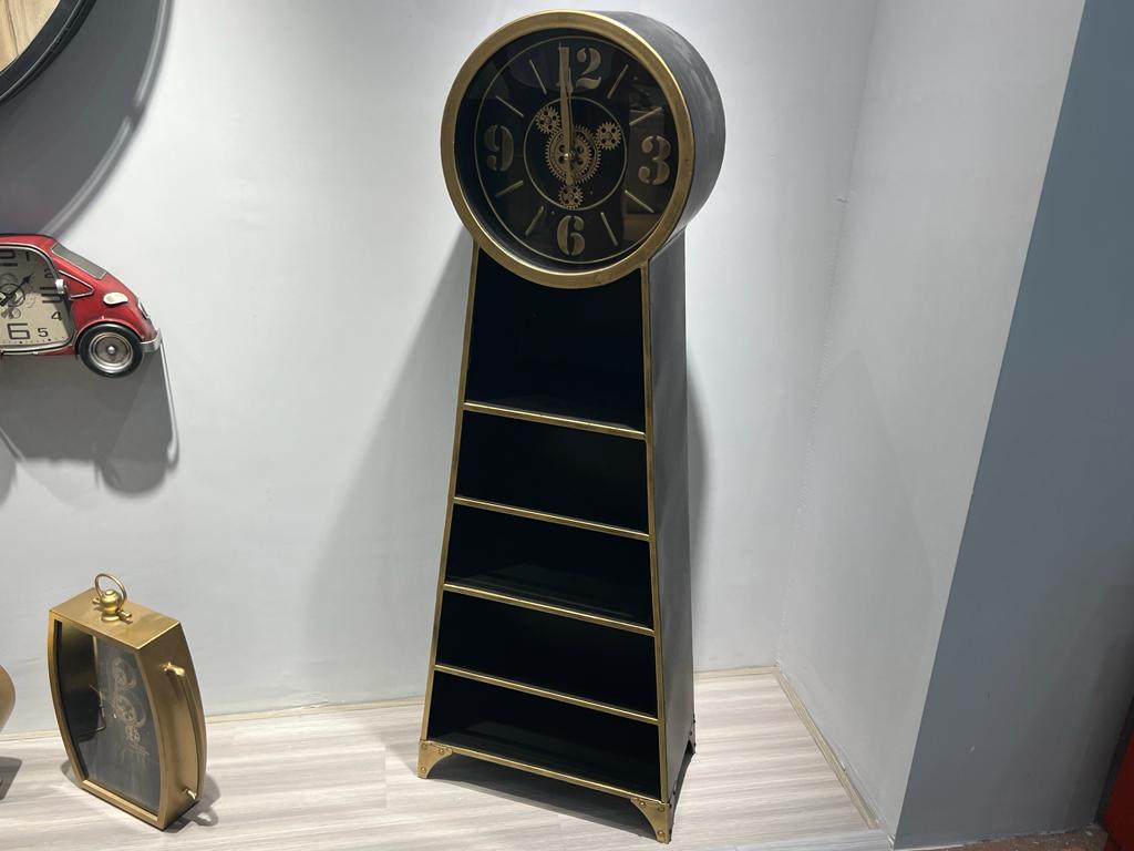 Large Black & Gold Industrial Metal Clock Shelving Unit