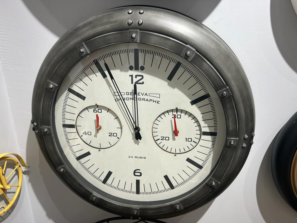 Vintage Silver Industrial Style Geneva Chronograph Wall Clock