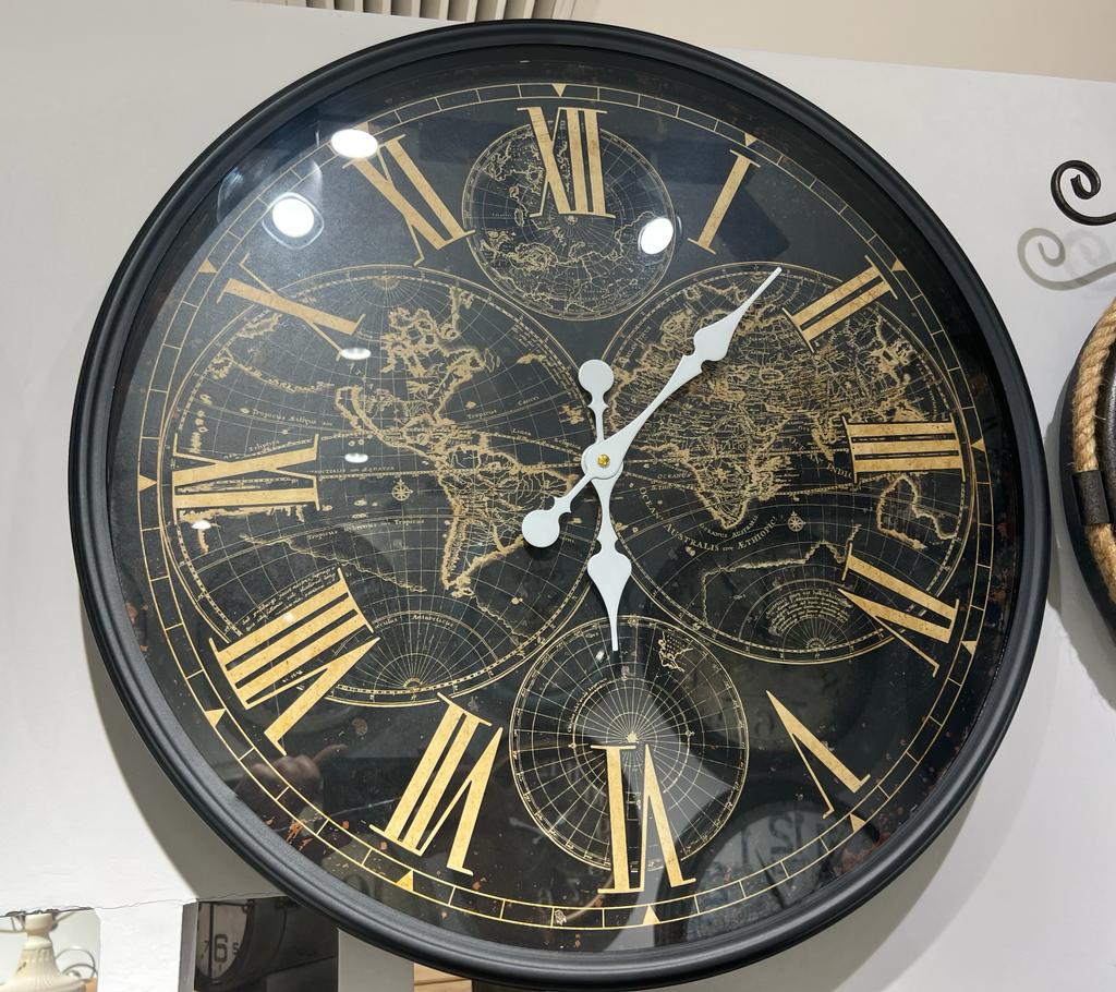Vintage Black and Gold Roman Numeral Map of the World Wall Clock