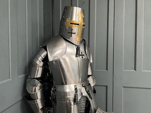 Huge Medieval Suit of Armour in Polished Steel with Shield