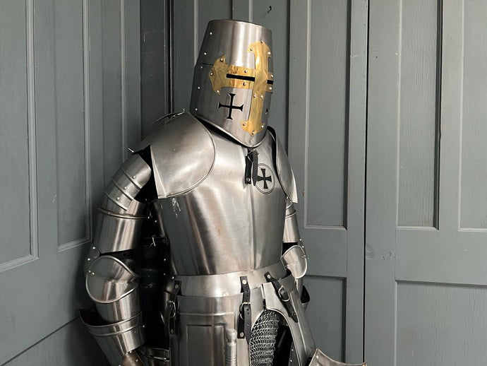 Huge Medieval Suit of Armour in Polished Steel with Shield