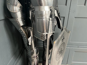Huge Medieval Suit of Armour in Polished Steel with Shield