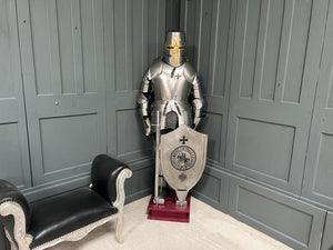 Huge Medieval Suit of Armour in Polished Steel with Shield