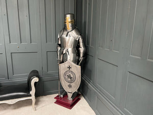 Huge Medieval Suit of Armour in Polished Steel with Shield
