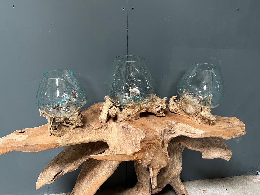 Large 25cm Molten Glass Bowl on Root Wood Stand