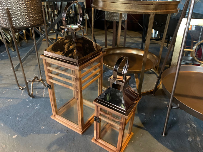 Brand New Boxed Pair of Wooden Glazed Candle Lanterns