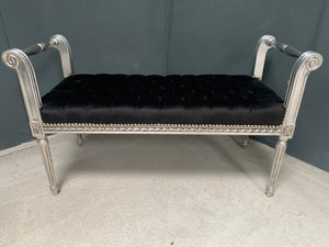Silver Bench/Bed Seat in Distressed Antique Silver Finish and Black Upholstery