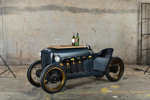 Vintage Metal Dark Blue Racing Car Mini Bar/Wine Rack on Original  Wheels with Gold Trim