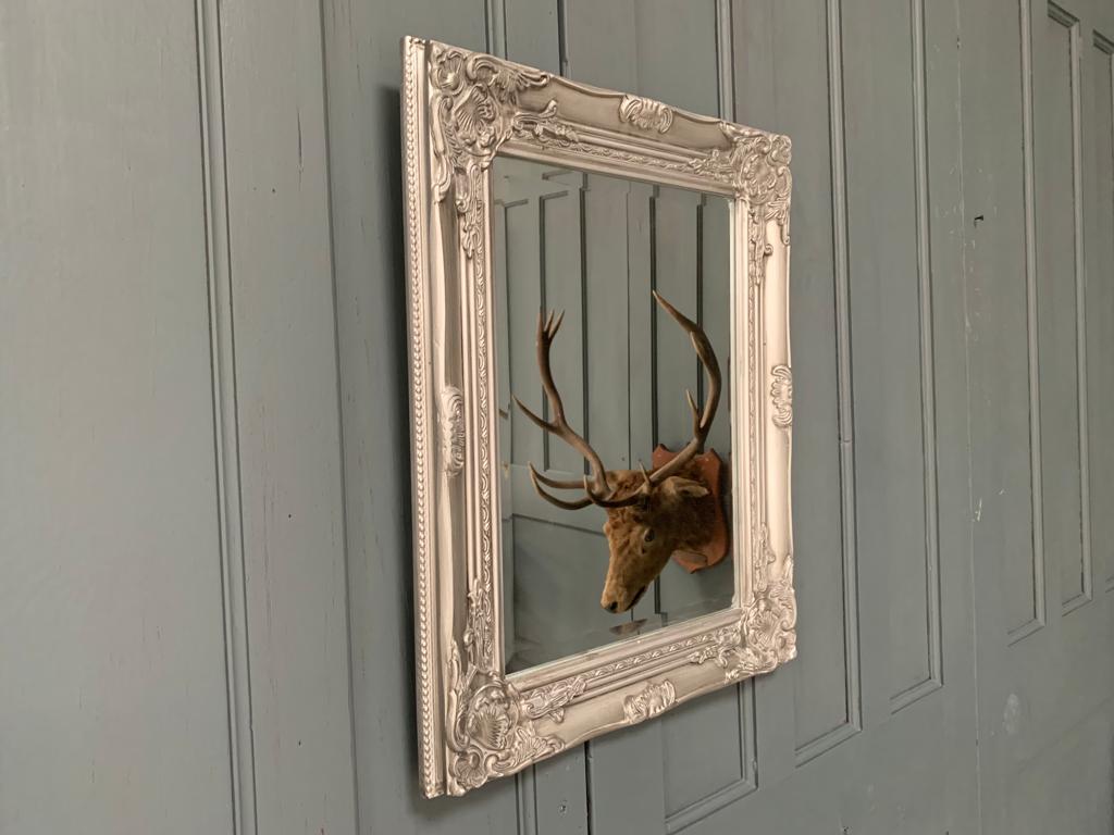Wooden Framed Ornate Bevelled Mirror in Antique Silver