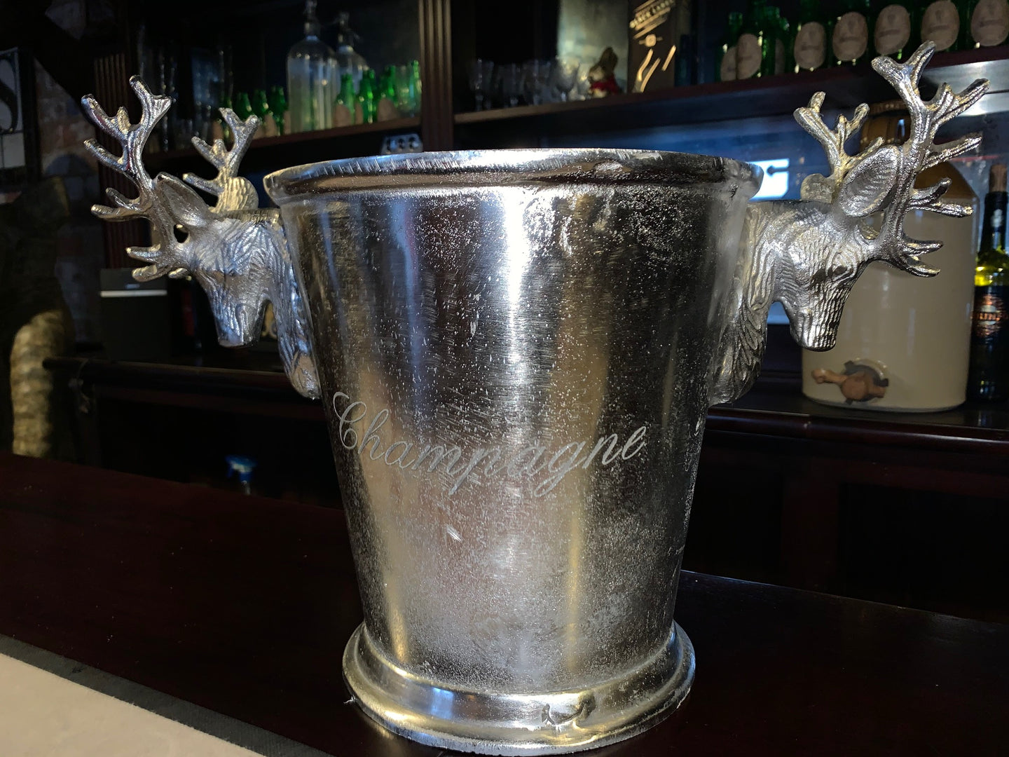Heavy Nickel Champagne Bucket with Stags Head Handles