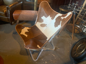 Vintage Style Cow Hide Butterfly Chair on Black Metal Industrial Base