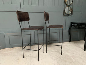 Pair of Large High back Vintage Leather Bar Stools in Black