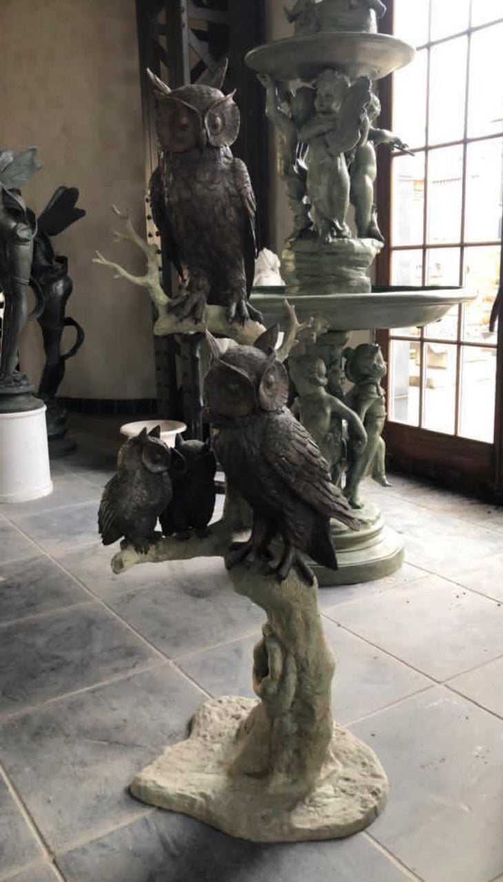 Exceptional 170cm Tall Huge Cast Bronze Set of Perched Owls on Cast Bronze Tree