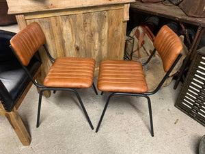 Industrial Vintage Ribbed Leather Dining Chair in Tan