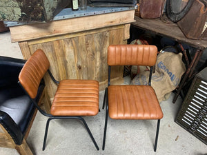 Industrial Vintage Ribbed Leather Dining Chair in Tan
