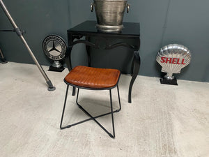 Vintage Industrial Cross Legged Leather Stool in Tan