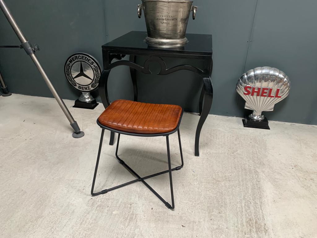 Vintage Industrial Cross Legged Leather Stool in Tan