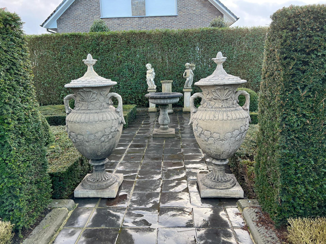 Matching Pair of Classical Stone Composite Ornate Urns