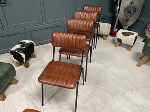Industrial Vintage Ribbed Leather Dining Chair in Dark Brown