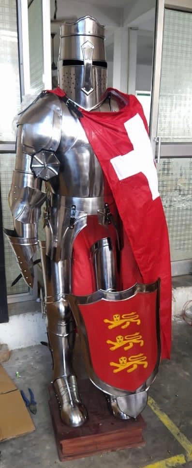 Huge Medieval Suit of Armour with Shield & Red Flag