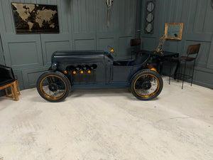 Vintage Metal Dark Blue Racing Car Mini Bar/Wine Rack on Original  Wheels with Gold Trim