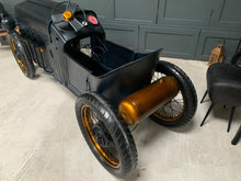 Load image into Gallery viewer, Vintage Metal Dark Blue Racing Car Mini Bar/Wine Rack on Original  Wheels with Gold Trim