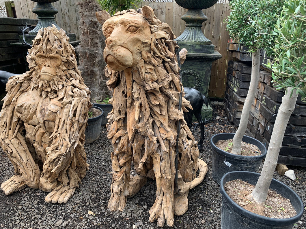 Massive Hand-Carved Driftwood Sitting Lion