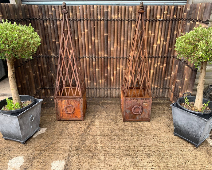 Large Metal Ornate Rusty Obelisk Planter