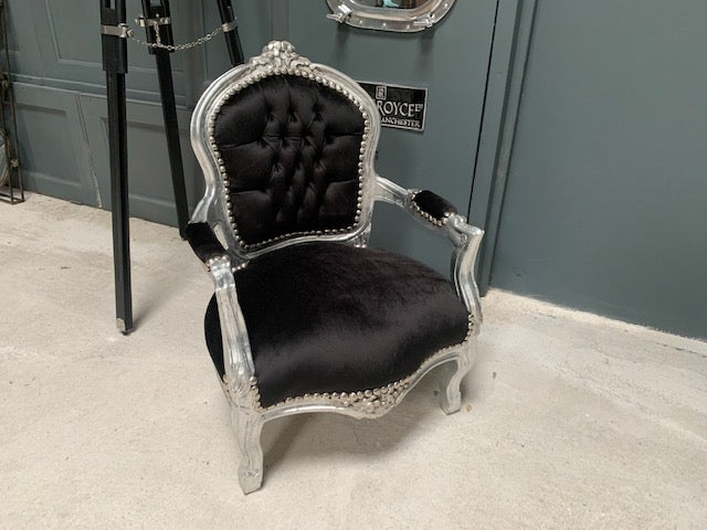 Hand Finished Baby Louis Chair in Distressed Silver Frame with Black Upholstery