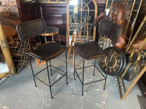Pair of Large High back Vintage Leather Bar Stools in Black