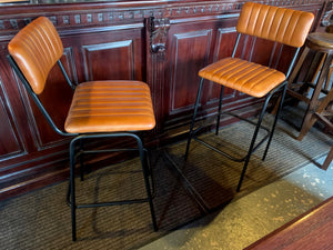 Pair of Vintage Style Ribbed Leather Bar Stools (Tan)