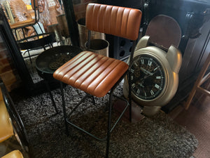 Pair of Vintage Style Ribbed Leather Bar Stools (Tan)