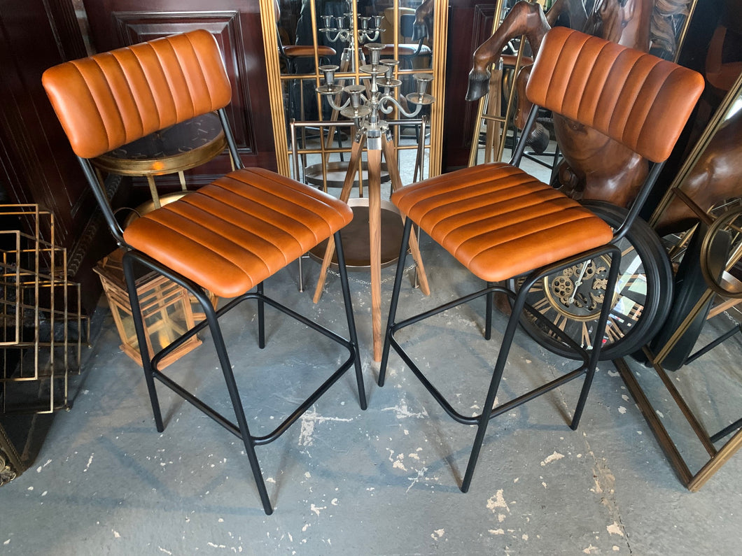 Pair of Vintage Style Ribbed Leather Bar Stools