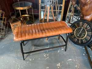 Vintage Industrial Style Ribbed Leather Bench in Tan
