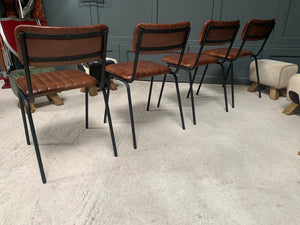 Industrial Vintage Ribbed Leather Dining Chair in Dark Brown