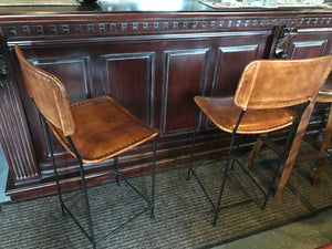 Pair of Vintage Leather High Back Bar Stools in Tan
