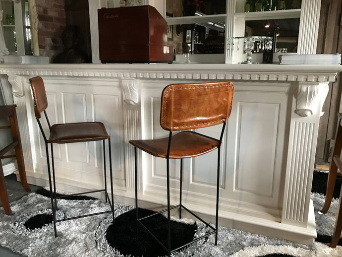 Pair of Vintage Leather High Back Bar Stools in Tan