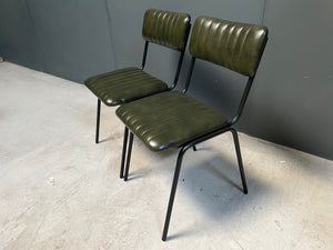 Industrial Vintage Ribbed Leather Dining Chair in Green
