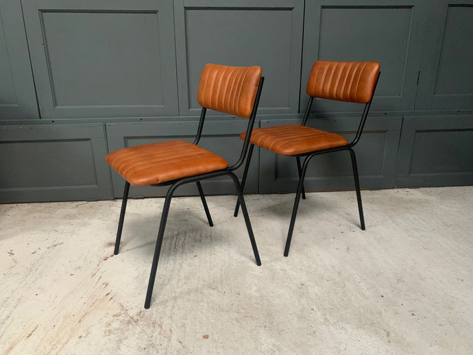 Industrial Vintage Ribbed Leather Dining Chair in Tan