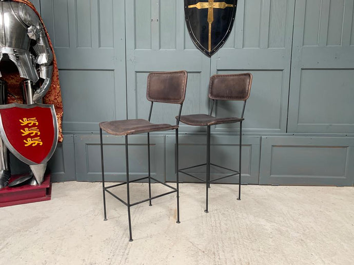 Pair of Large High back Vintage Leather Bar Stools in Black