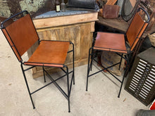 Load image into Gallery viewer, Pair of Designer Framed Industrial Style High Back Bar Stools in Tan
