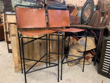 Load image into Gallery viewer, Pair of Designer Framed Industrial Style High Back Bar Stools in Tan